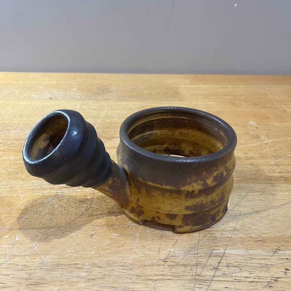 M. Bowen Studio Pottery Brutalist Stoneware Candle Holder Vtg Mustard Brown